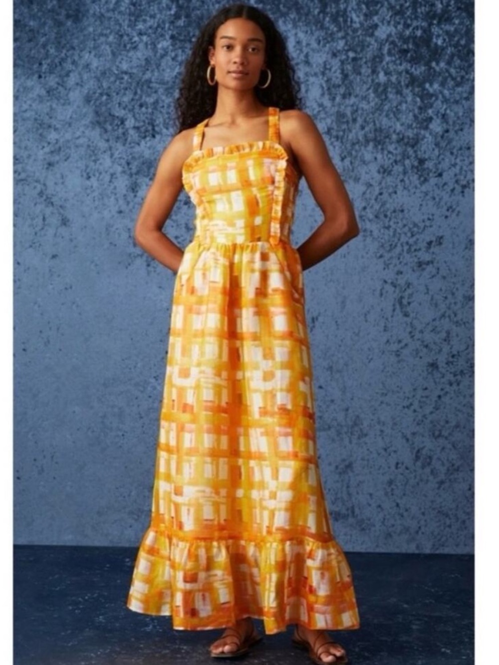 Marie Oliver Yellow & Orange Plaid Ruffle-Hem Maxi Dress